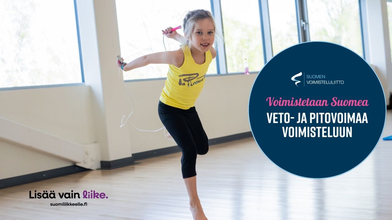 Milla Vahtila - Lapsi hyppii Lapsi keltaisessa topissa hyppii hyppynarulla. Kuvassa on myös Voimistetaan Suomea -hankkeen logo sekä Lisää vain liike -logo.