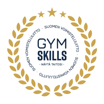 Gym Skills -kilpailun mitali. Keskellä on teksti GYM SKILLS, jonka alla lukee slogan "Näytä taitosi".  Logon ympärillä on kultainen lehtiseppele.